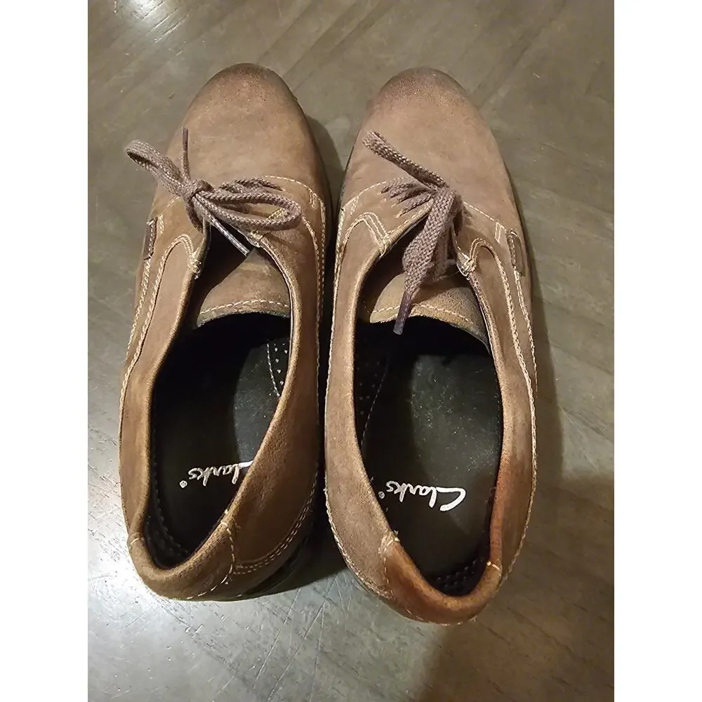 Men's CLARKS 66131 Brown Leather Lace Up Dress Casual Shoes Loafers Sz 7.5M  EUC